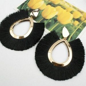 NWT Earrings Tassel Fringe Dangle Hoop Black & Gold Earrings